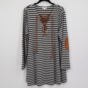 Umgee Striped Dress Women S Gray Faux Leather Elbow Patches Grunge Boho Bohemian